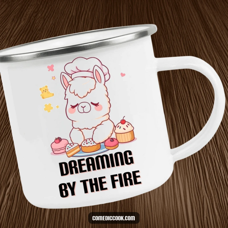 Funny Alpaca Chef Camping Mug: Enameled mug with a sleepy alpaca chef dreaming of pastries, perfect for outdoor relaxation.