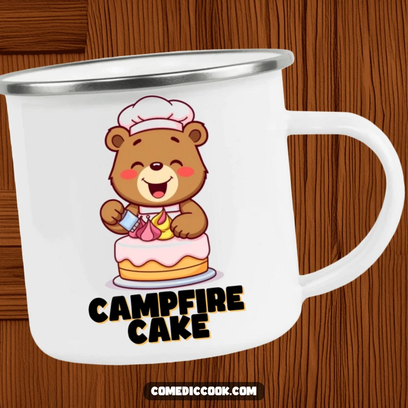 Funny bear chef decorating a cake with frosting swirls, ready for adventure on a durable camping mug, perfect for outdoor enthusiasts.