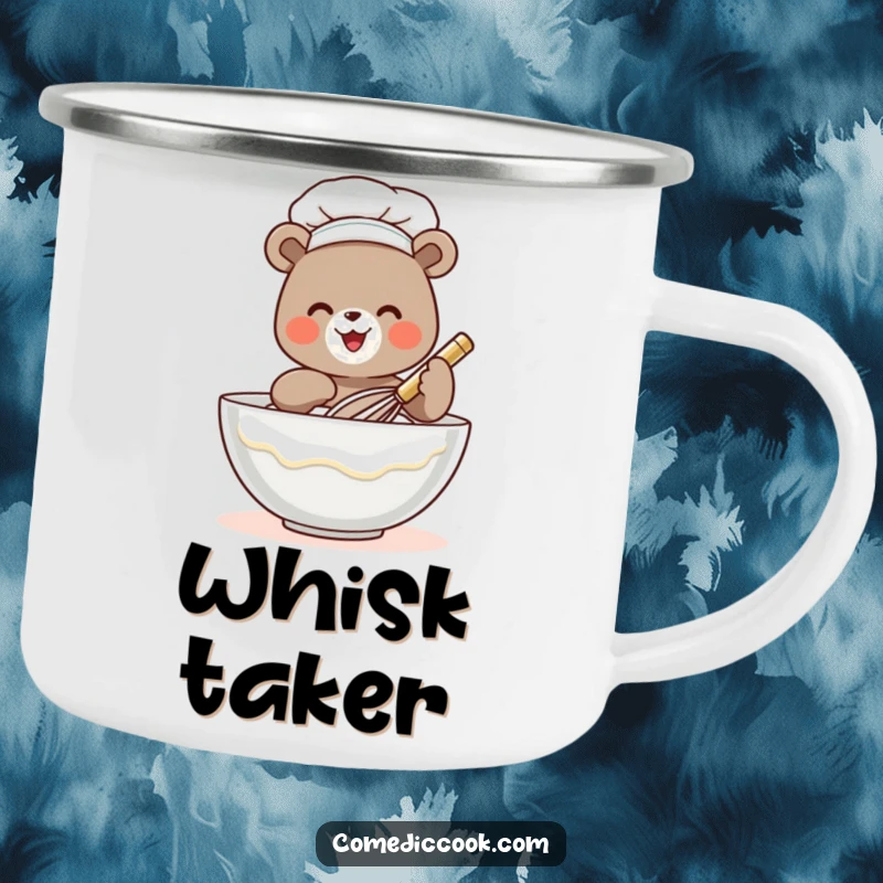 Funny bear chef camping mug with a tiny bear whisking batter, perfect for outdoor adventures and adding humor to drinks.