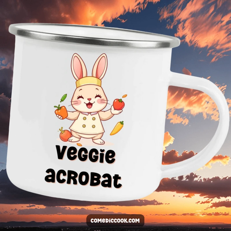 Funny bunny chef camping mug with a cute bunny juggling vegetables, perfect for outdoor drinks and adding a touch of humor.