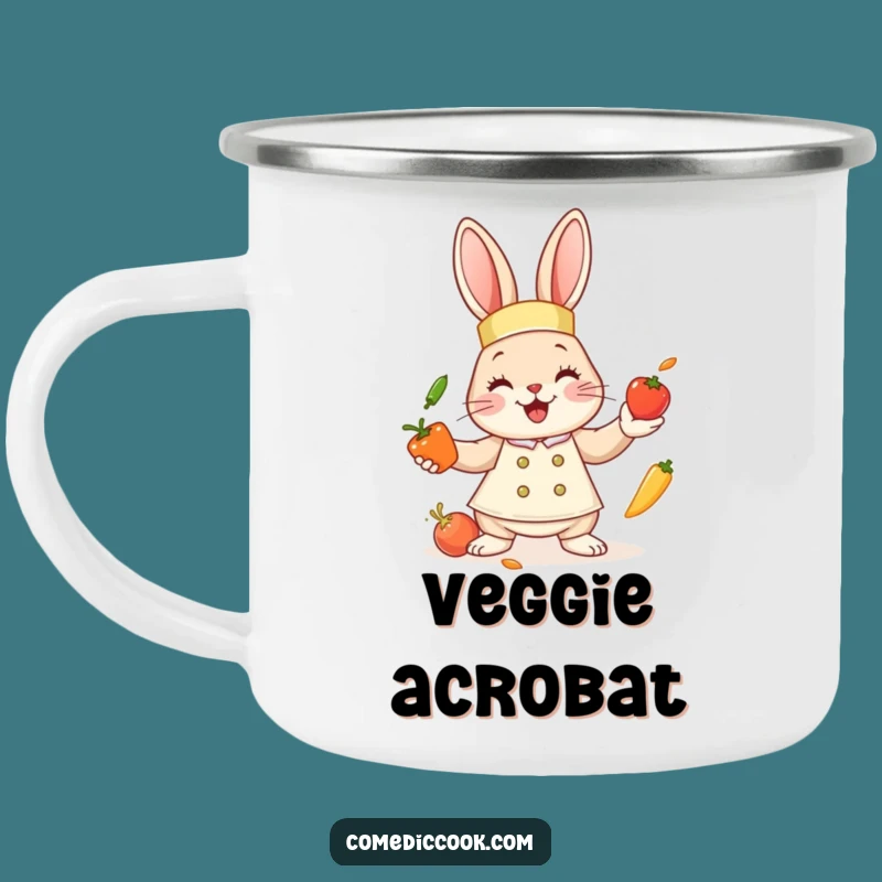 Funny Bunny Chef Camping Mug: Juggling Veggies Enamel Cup, Rugged & Hilarious Outdoor Drinkware, Excellent Funny Gift!