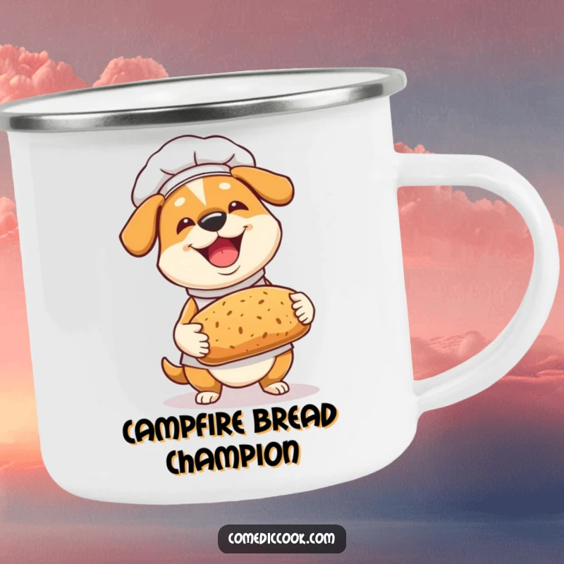Funny Dog Chef Camping Mug: A joyful dog chef proudly presents bread, bringing humor to outdoor coffee breaks.