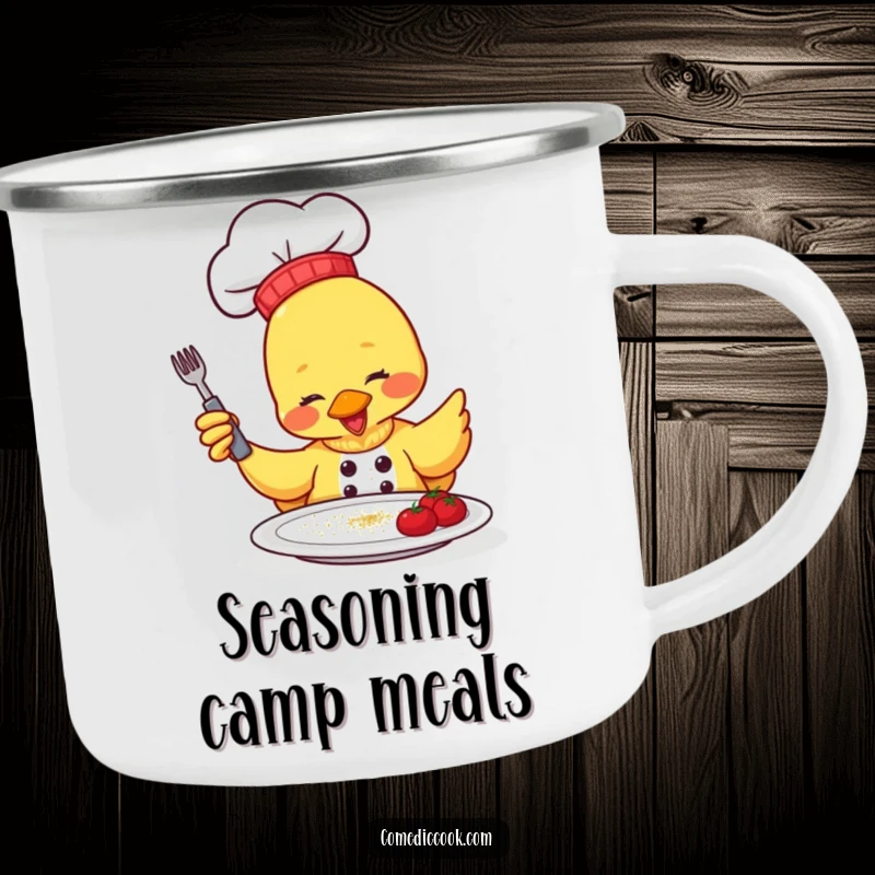 Funny Camping Mug: a duck chef gleefully sprinkles seasoning, ready for outdoor meals and humorous enjoyment.
