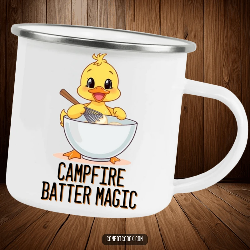 Funny duckling chef on a camping mug, whisking batter with joy, perfect for outdoor enthusiasts.