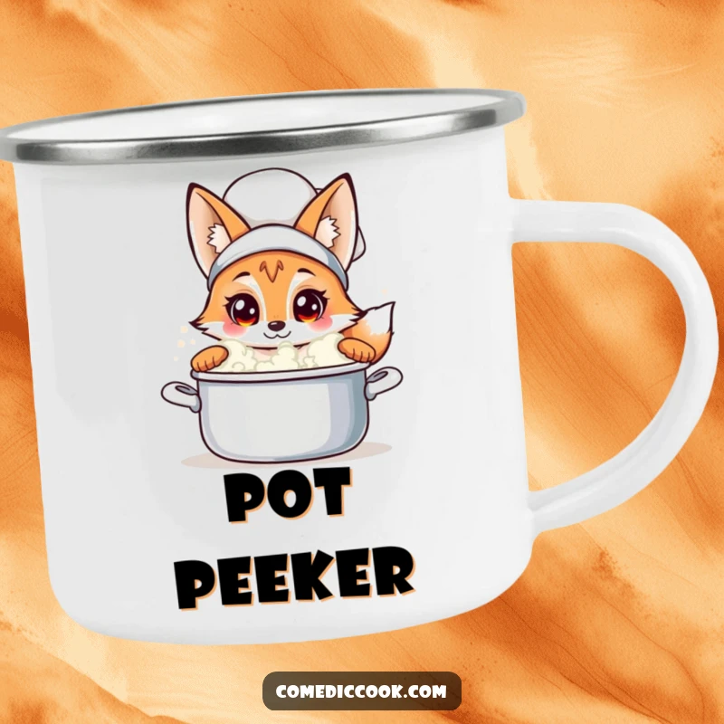 Funny fox chef camping mug with a curious fox peeking into a bubbling pot, perfect for outdoor drinks and adding a touch of mystery.