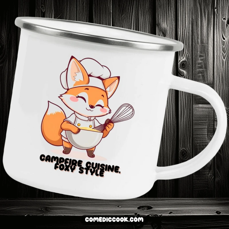 Funny Fox Chef Camping Mug showing a winking fox whisking ingredients, perfect for outdoor adventures.