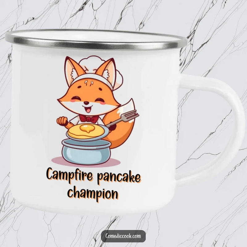 Funny Fox Chef Camping Mug: Cheerful fox expertly flipping a pancake, a durable and humorous outdoor cup.