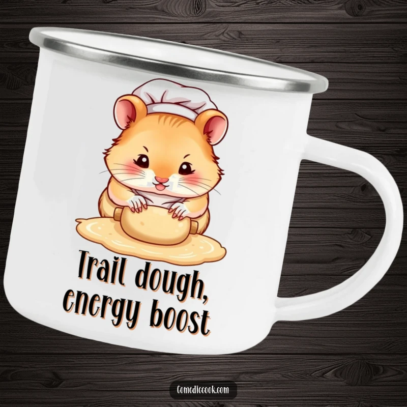 Funny hamster chef camping mug, a focused character rolling dough with tiny paws, ideal for enjoying beverages during outdoor adventures with a humorous theme.