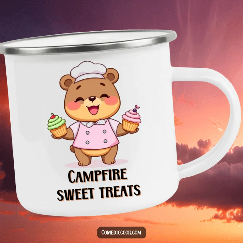 Funny Kawaii bear chef camping mug with a character juggling cupcakes, for outdoor dessert lovers.