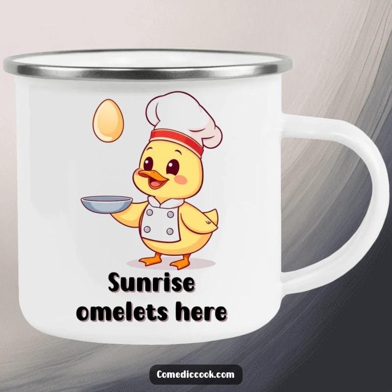 Funny Kawaii duck chef camping mug, a giggling duck chef chasing a flying egg, enamel mug for drinks, great outdoor gift.