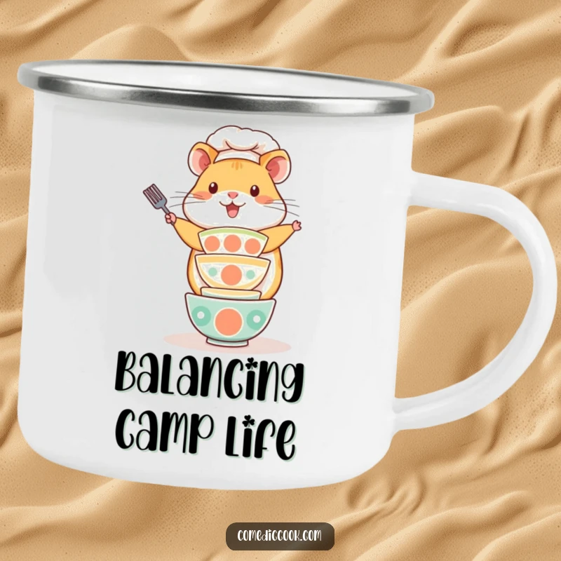 Funny Kawaii hamster chef camping mug, featuring a playful cute hamster balancing a stack of tiny bowls. Durable enamel cup, excellent funny gift.