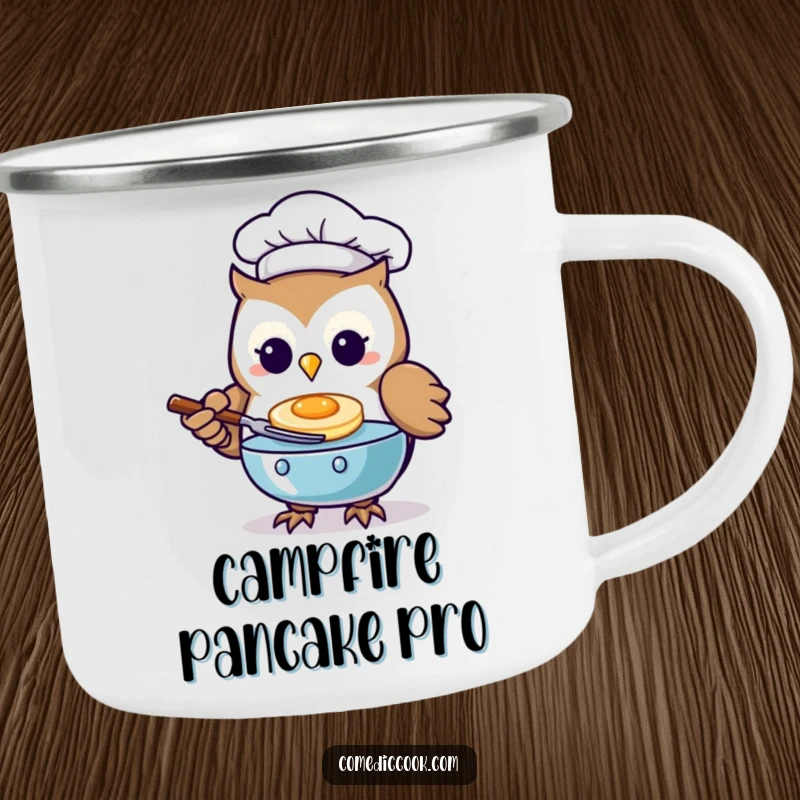 Funny Kawaii owl chef camping mug with a character flipping a pancake, for outdoor cooking.