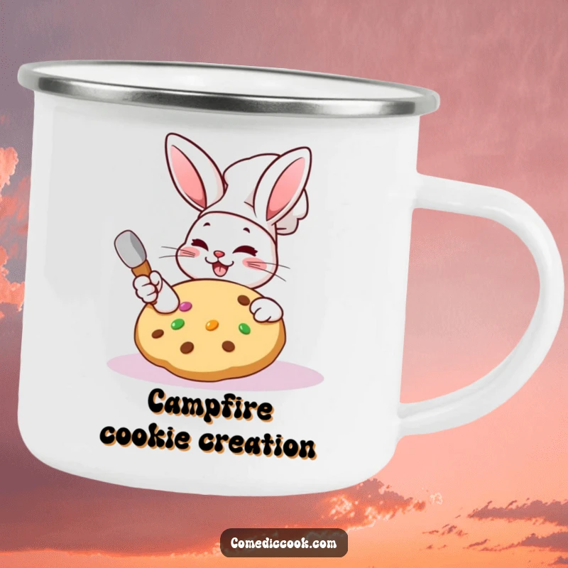 Funny Kawaii rabbit chef camping mug with a character frosting a cookie, for outdoor bakers.