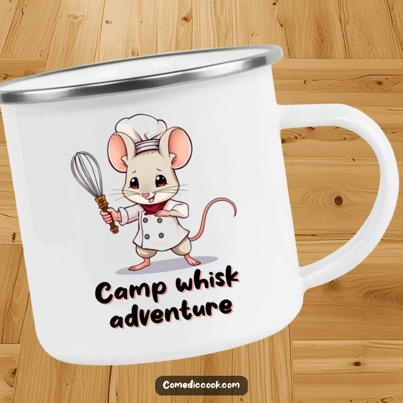 Funny Mouse Chef Camping Mug featuring a brave mouse wielding a tiny whisk like a sword, perfect for outdoor enjoyment and a touch of humor.