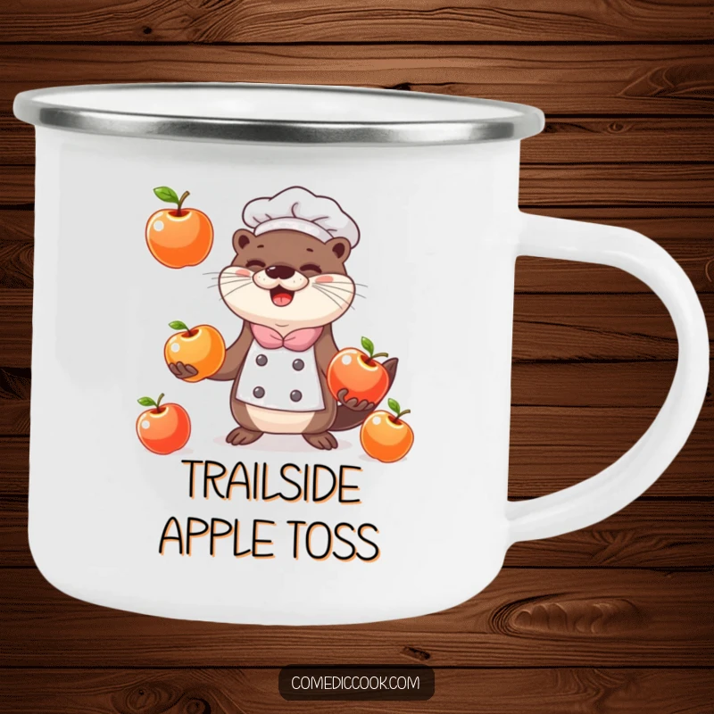 Funny happy otter chef juggling three shiny apples on a durable camping mug for outdoor fun.