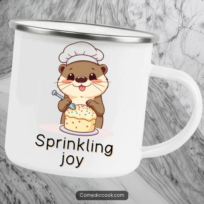 Funny otter chef camping mug with a happy otter decorating a tiny cake with sprinkles, perfect for outdoor drinks and adding sweet humor.