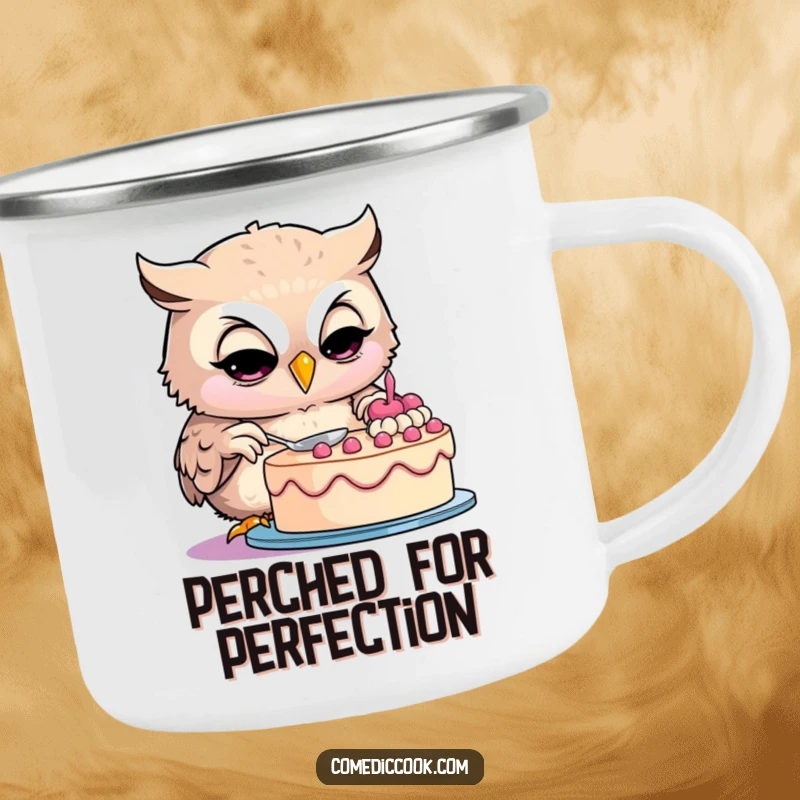 Funny owl camping mug featuring a smiling owl baker concentrating on cake decoration, for outdoor coffee lovers.