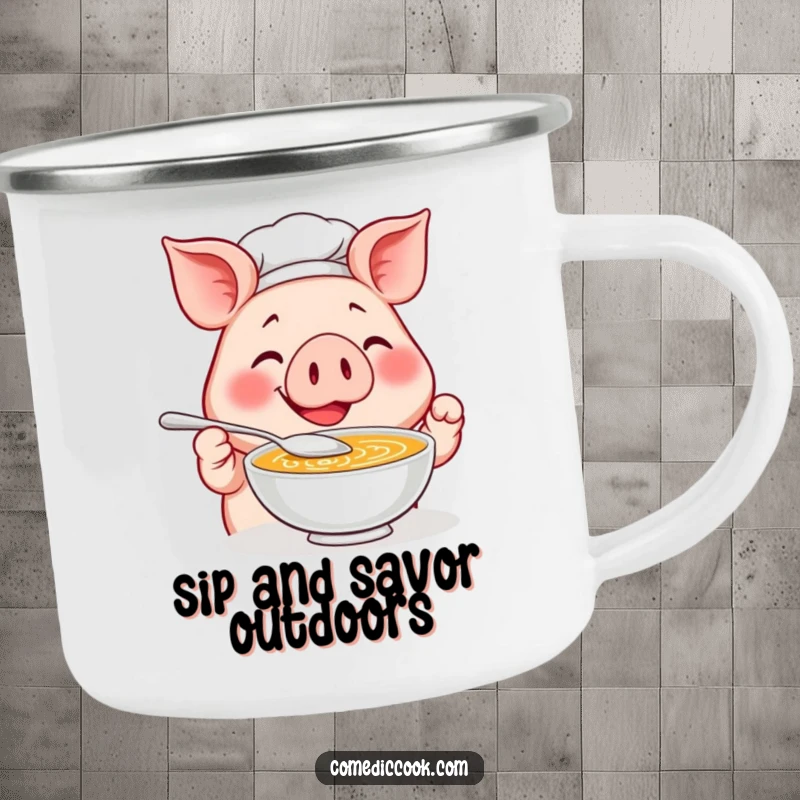 Funny Pig Chef Camping Mug: A smiling pig chef tastes soup with a tiny spoon, bringing humor to outdoor beverages.