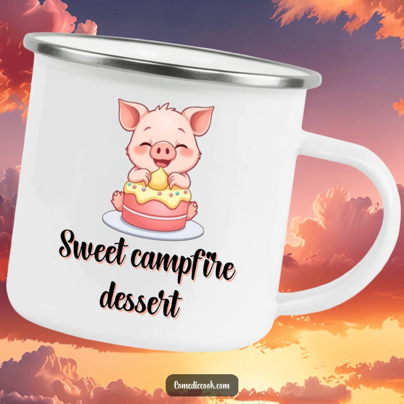 Funny enamel camping mug with a smiling piglet frosting a tiny cake, great for outdoor treats.