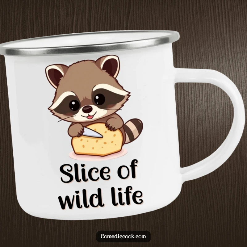 Funny raccoon camping mug featuring a beaming raccoon carefully slicing a loaf of bread, for outdoor coffee lovers.