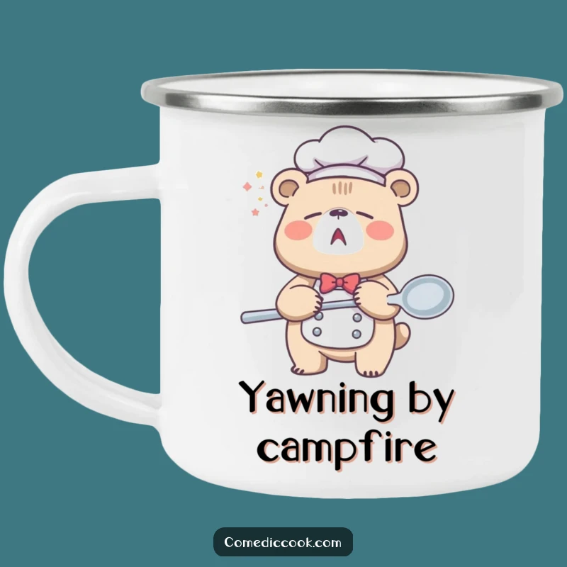 Funny Sleepy Bear Chef Camping Mug: Yawning Campfire Coffee, Adventure Gift