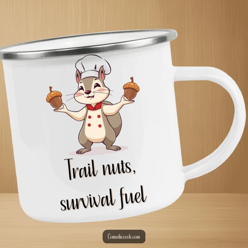 Funny squirrel chef camping mug, a determined character juggling acorns, perfect for enjoying beverages during outdoor adventures with a humorous theme.