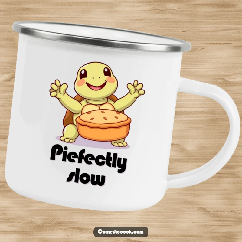 Funny turtle camping mug featuring a joyful turtle triumphantly presenting a baked pie, for outdoor coffee lovers.