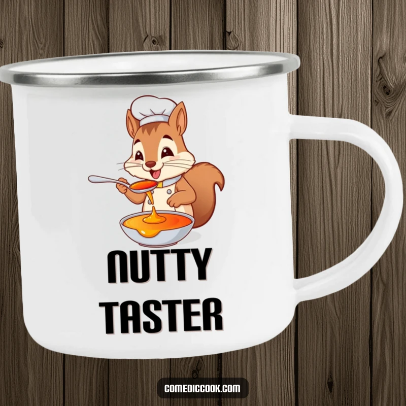 Funny squirrel chef camping mug with a playful squirrel tasting sauce from a spoon with delight, perfect for outdoor drinks and adding tasty humor.
