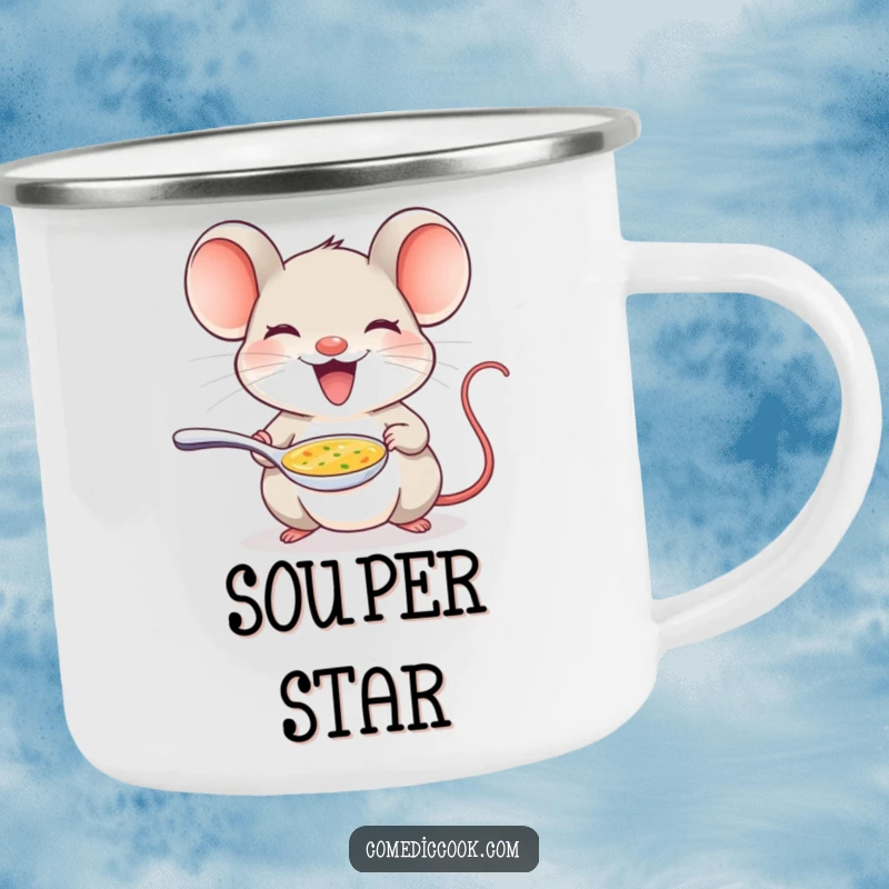 Funny mouse camping mug featuring a delighted mouse offering a tiny spoon of soup, for outdoor dining.