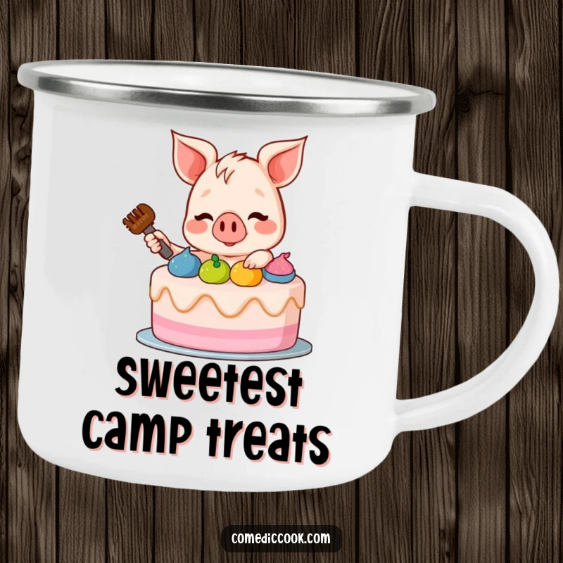 Funny Piglet Camping Mug: Durable enamel mug featuring a funny piglet decorating a cake, ideal for outdoor adventures and coffee lovers.