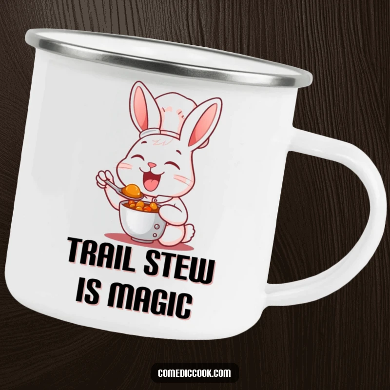 Funny Camping Mug: A joyful rabbit chef tasting stew, perfect for your outdoor beverage.
