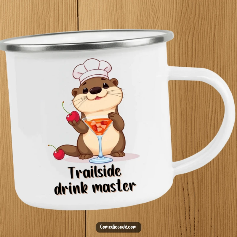 Funny Otter Chef Camping Mug: A playful otter chef tosses a cherry into a cocktail, bringing humor to outdoor drinks.
