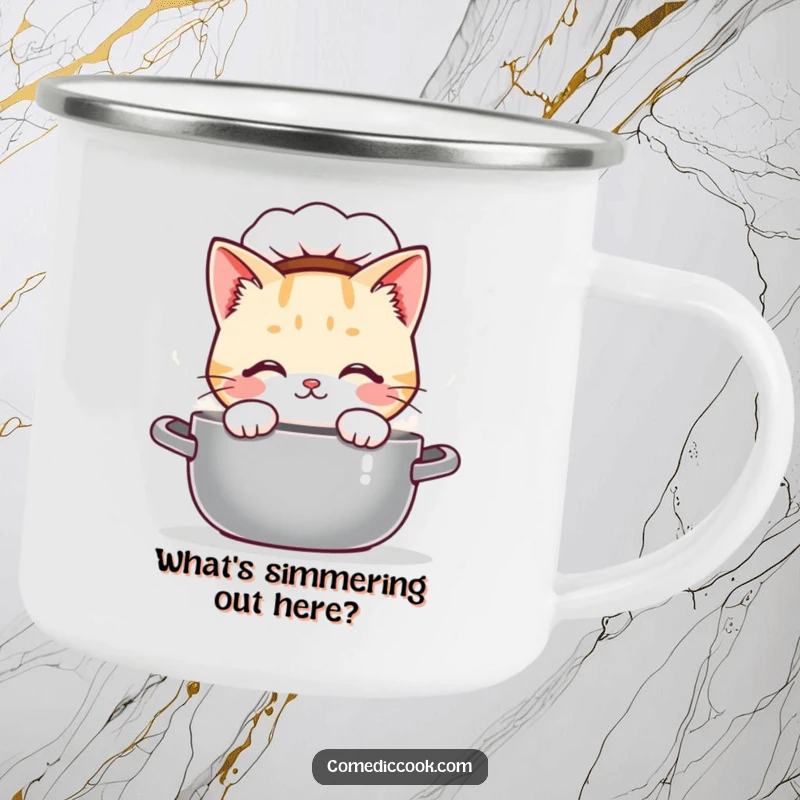 Funny Kawaii cat chef camping mug, featuring a curious cute cat peeking into a steaming pot. Durable enamel cup, excellent funny gift.