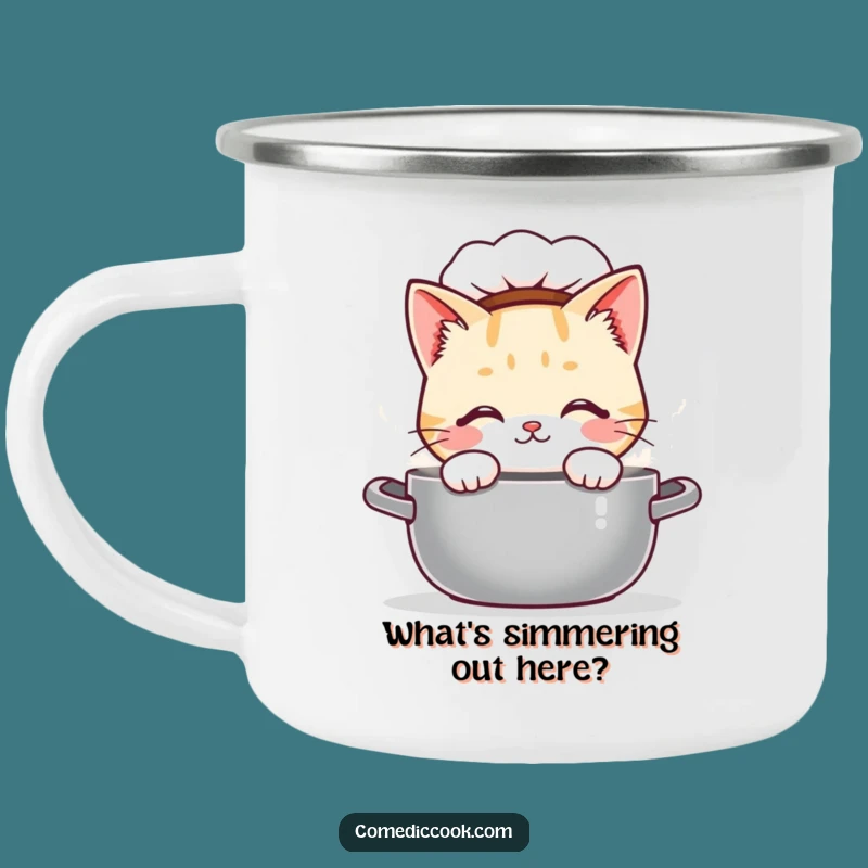 Funny Kawaii Cat Chef Camping Mug - Curious Baker Enamel Cup, Perfect Funny Gift