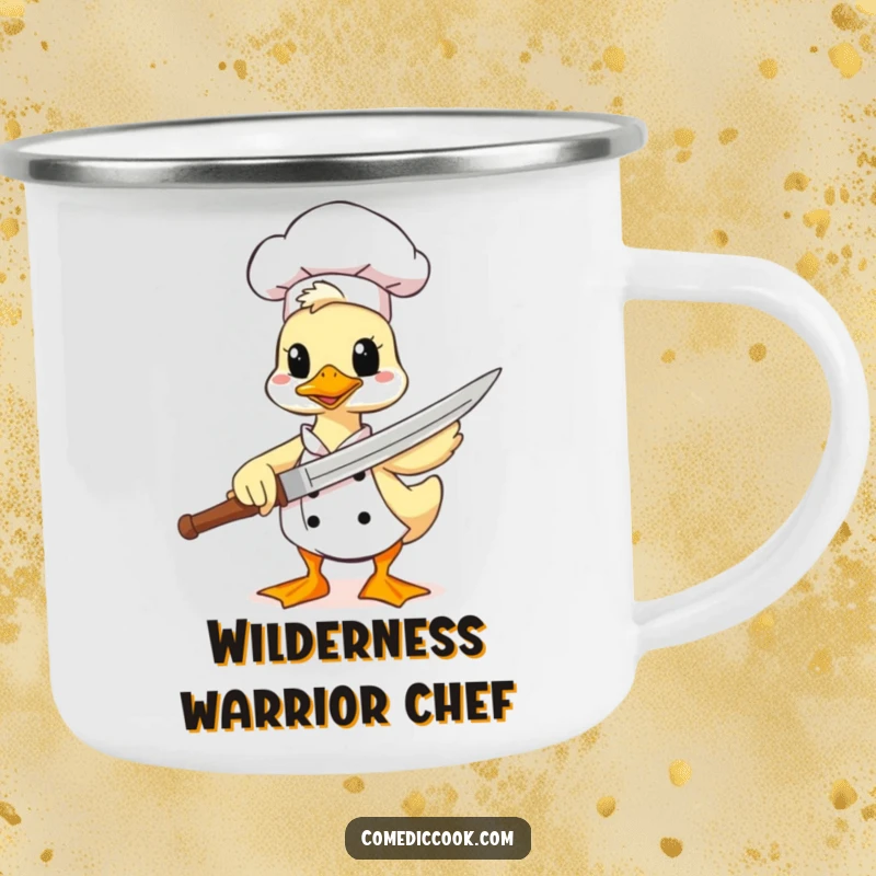 Funny duck chef camping mug, a comical character using a spatula as a sword, ideal for enjoying beverages during outdoor adventures with a humorous theme.