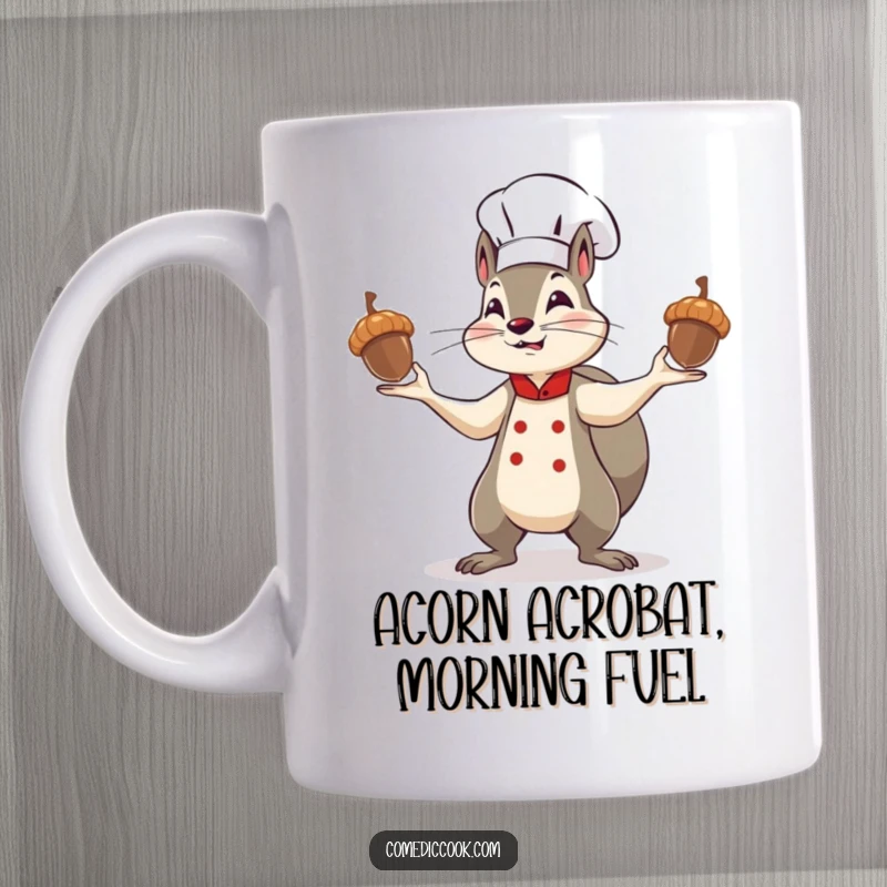 Funny squirrel chef mug with a determined character expertly juggling three shiny acorns, showcasing culinary chaos and nutty ambition.