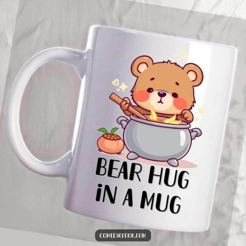 Funny Bear Cub Chef Mug showing a cute cub happily stirring a pot of magical-looking soup.