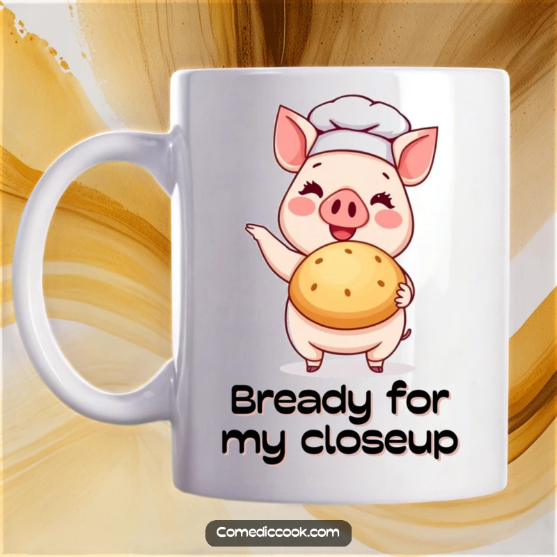 Funny Pig Chef Mug: A happy pig in a chef's hat proudly holding a golden, perfectly baked bun.