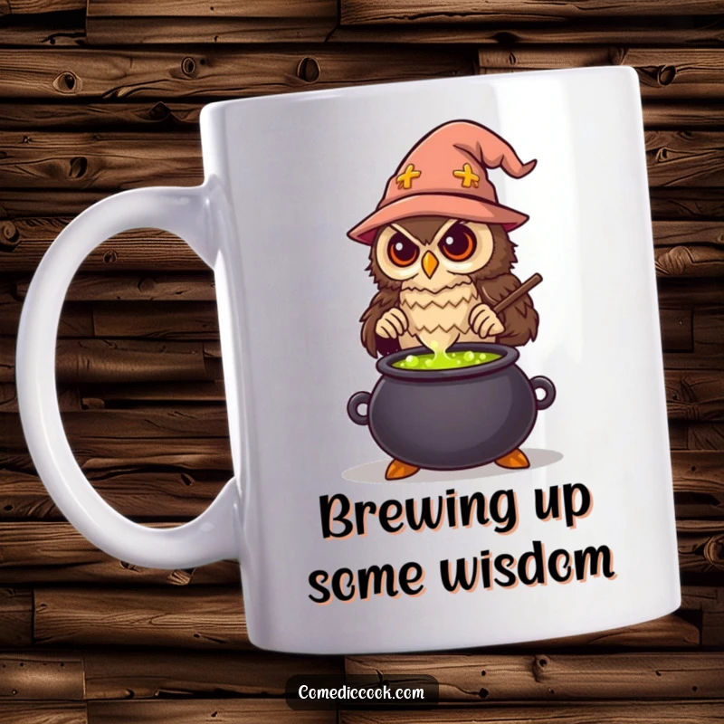 Funny Wise Owl Chef Mug stirring a bubbling potion in a cauldron, embodying culinary magic and wisdom, a unique funny gift.