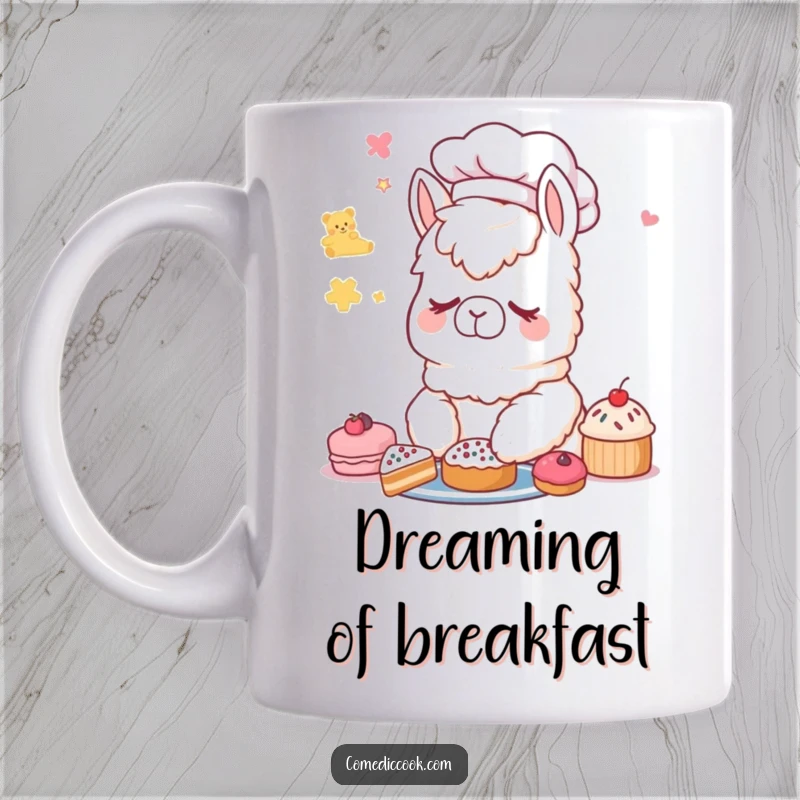 Funny Alpaca Chef Mug: A cute, sleepy alpaca wearing a chef hat, dreaming of pastries while dozing.
