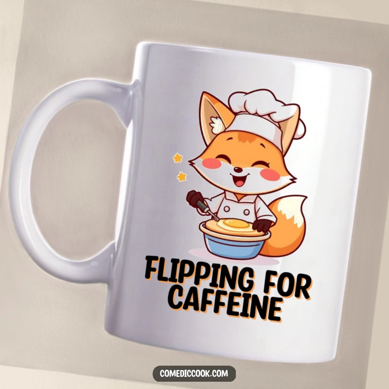 Funny mug featuring a cheerful fox chef winking while flipping a pancake, perfect for breakfast lovers.