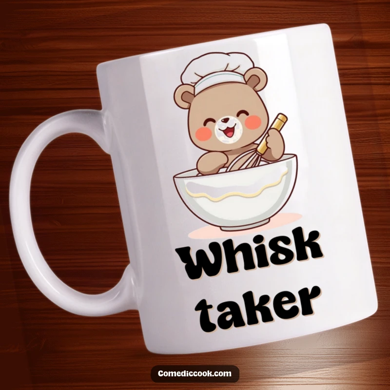 Funny bear chef mug featuring a tiny, gleeful bear whisking batter, perfect for coffee lovers and bakers looking for a laugh.