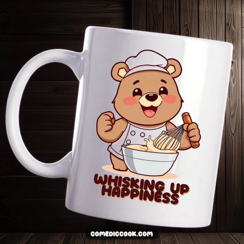 Funny smiling bear chef mug joyfully whisking batter with exaggerated enthusiasm, showcasing a passion for baking and a delightful character.