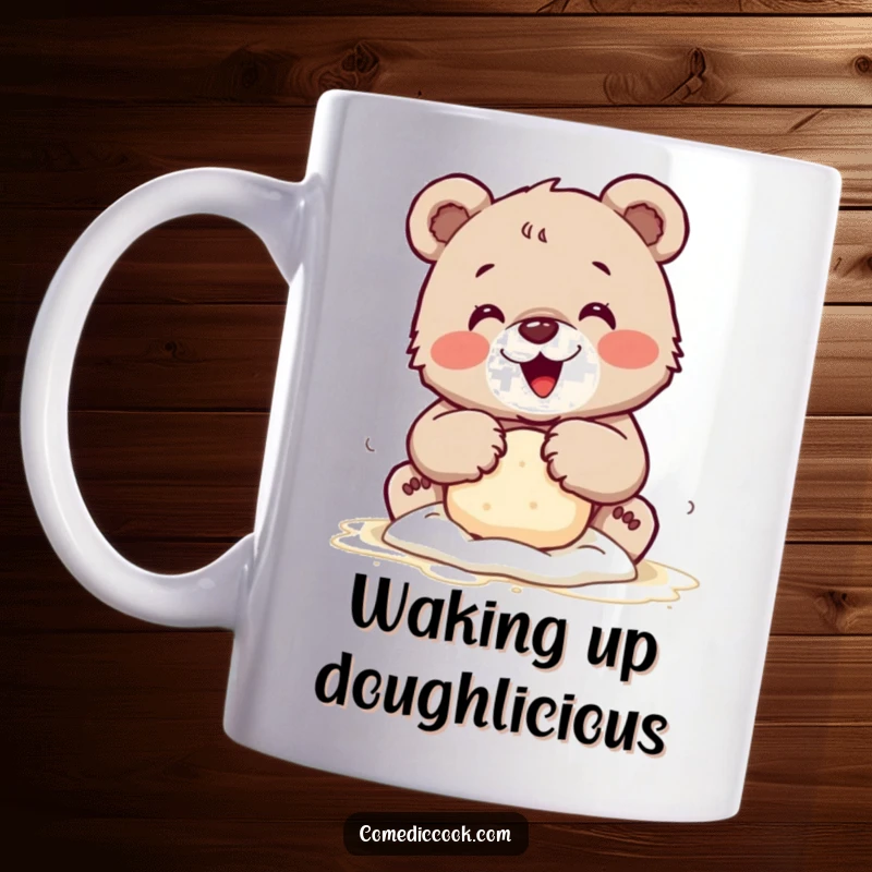 Funny mug featuring a tiny bear cub joyfully kneading dough with flour-dusted paws, embodying baking delight.
