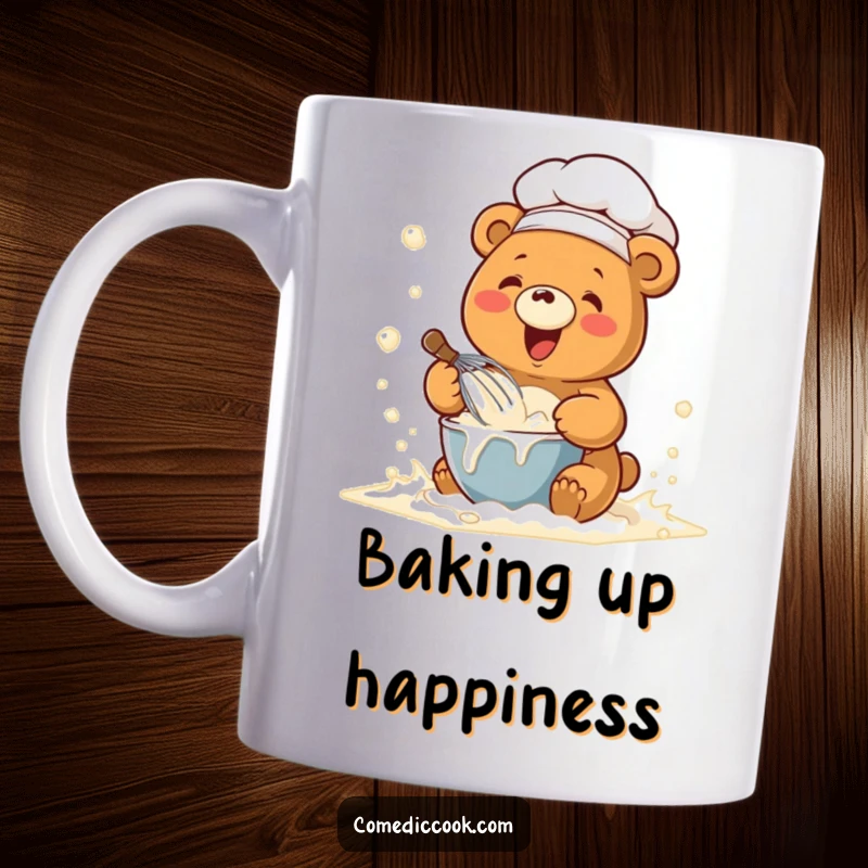 Funny mug showing a kawaii chef bear joyfully whisking batter in a cloud of flour, embodying sweet baking fun.
