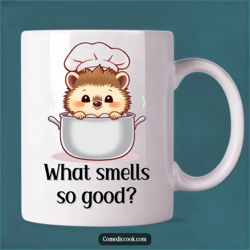 Funny Curious Hedgehog Chef Mug: Peeking Pot, Hilarious Kitchen Gift