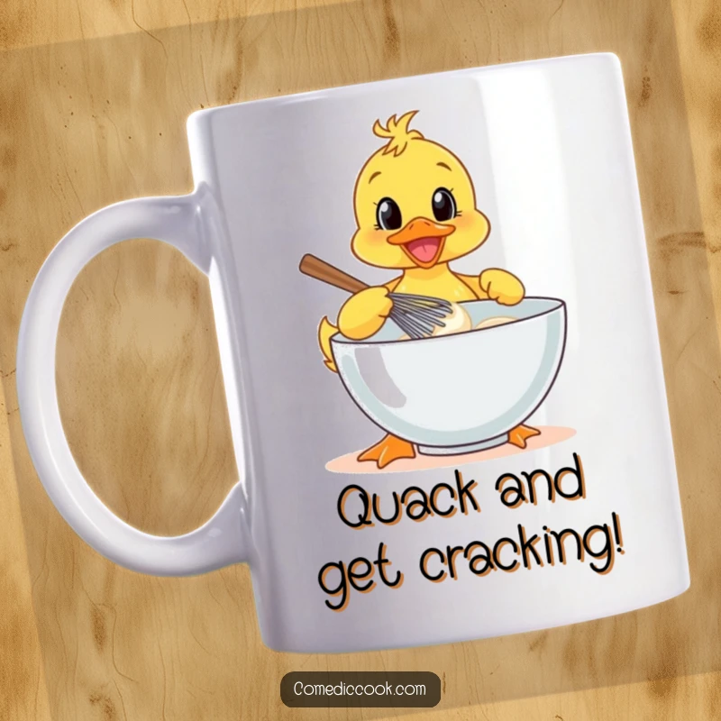 Funny duckling cheerfully whisking batter in a large bowl, a cute and funny baking gift for mug lovers.