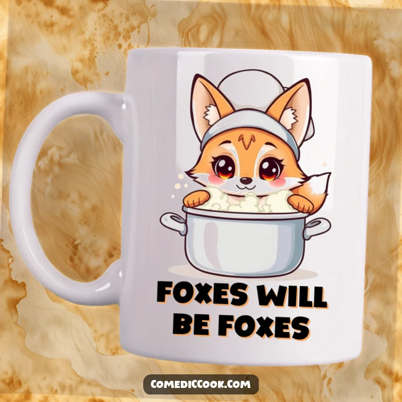 Funny fox chef mug featuring a curious fox peeking into a bubbling pot, ideal for those who love culinary intrigue and humor.