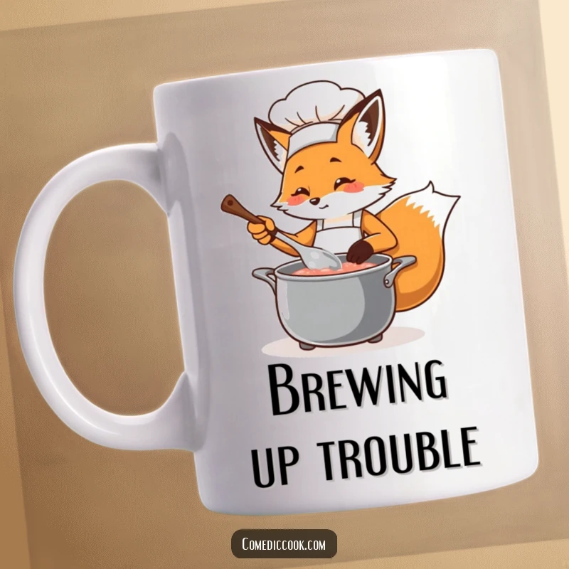 Funny, determined fox chef wearing an apron, playfully stirring a bubbling pot with a ladle, ready to create a delicious meal.