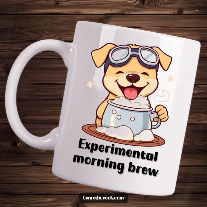 Funny mug depicting a dog wearing goggles, enthusiastically tasting a mysterious bubbling pot, symbolizing adventurous exploration and culinary curiosity.